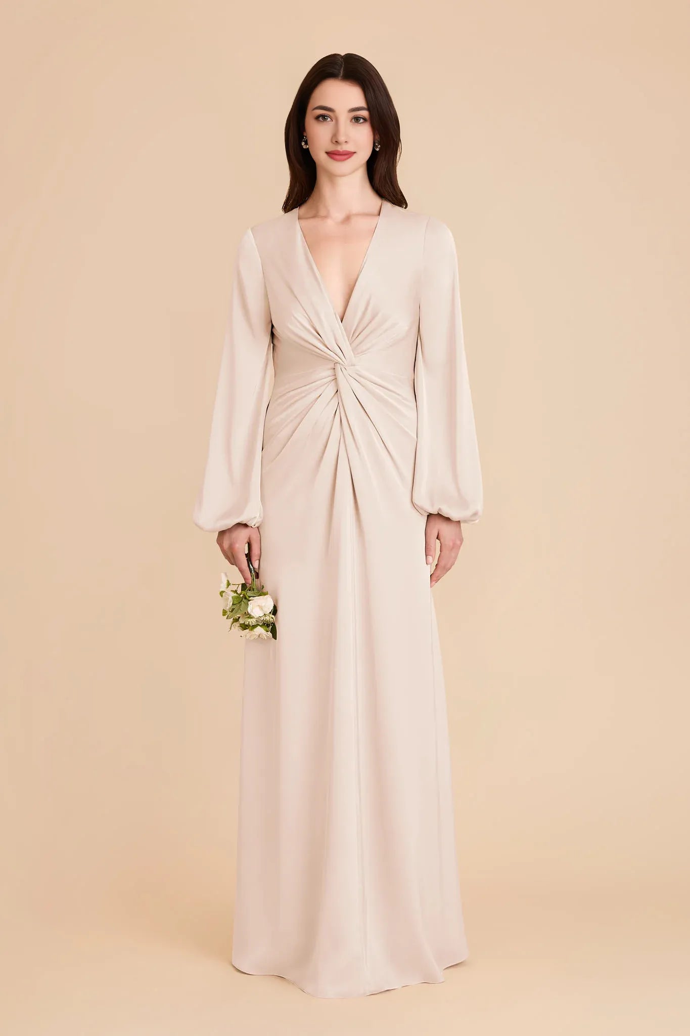 Graceful Fitted V Neck Long Sleeve Satin Maxi Bridesmaid Dress