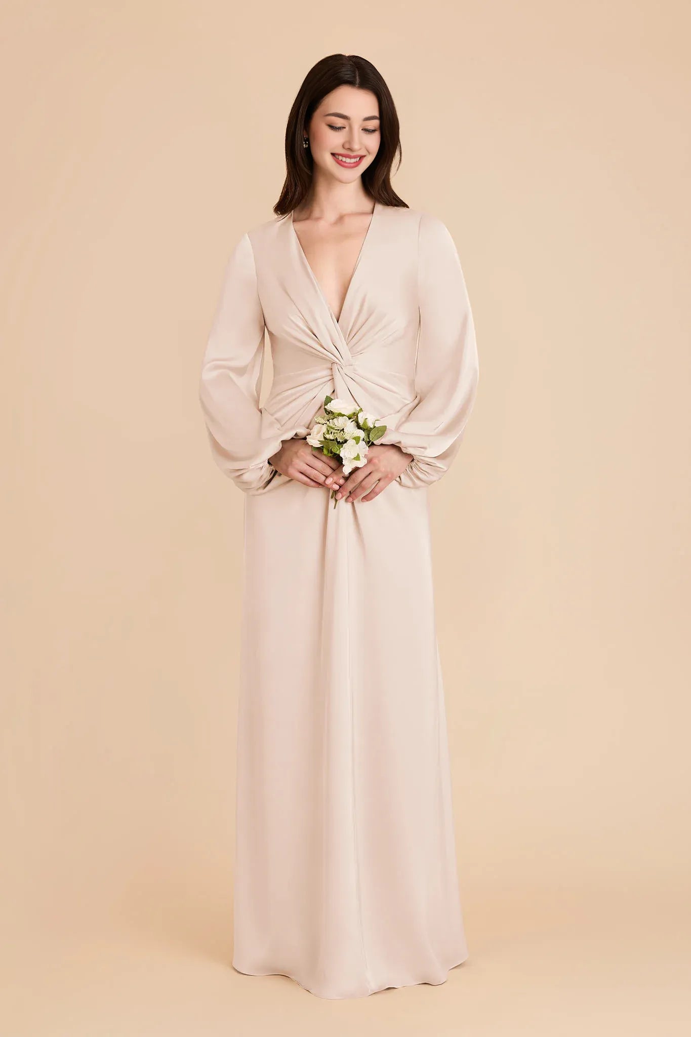Graceful Fitted V Neck Long Sleeve Satin Maxi Bridesmaid Dress