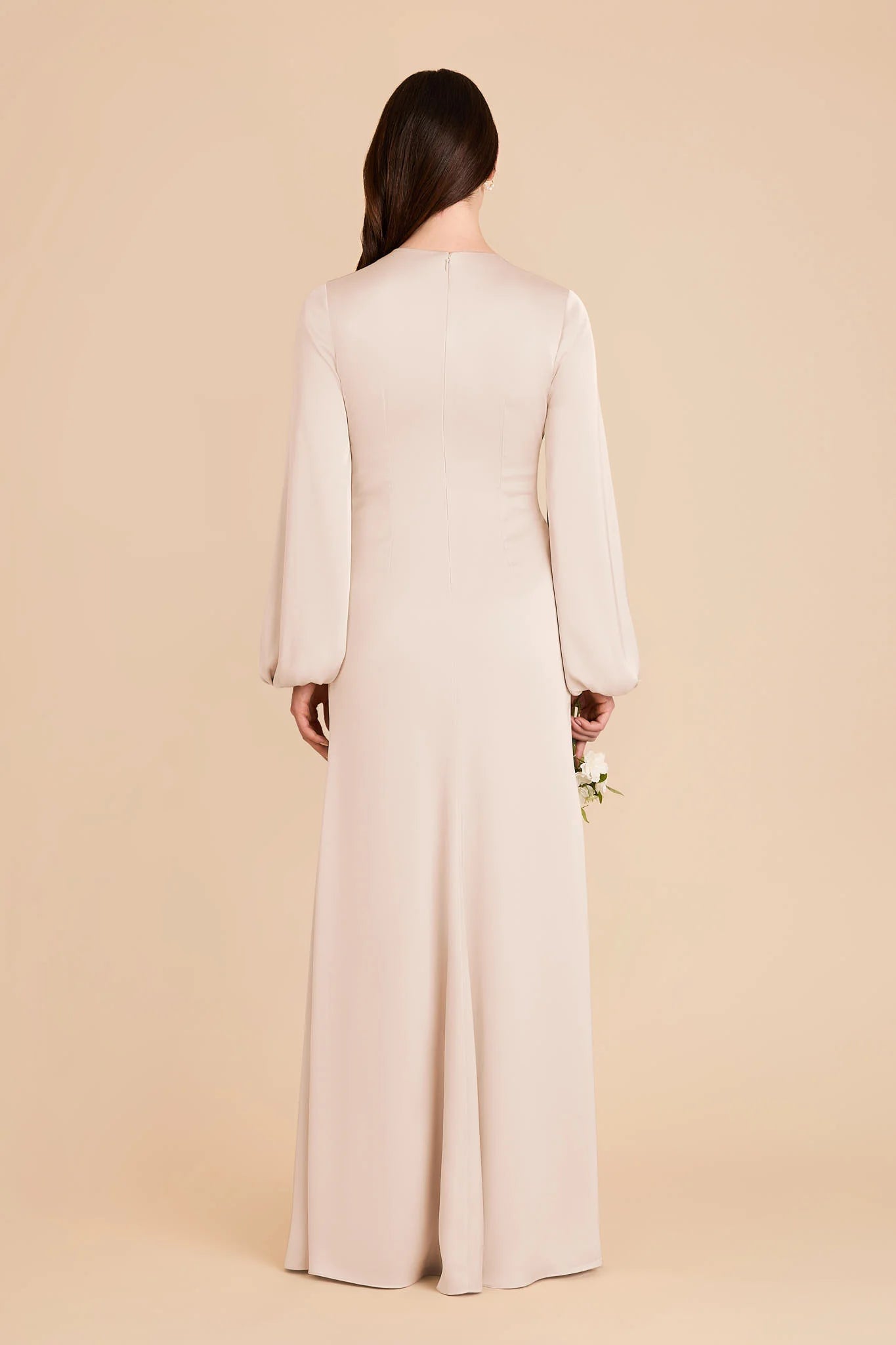 Graceful Fitted V Neck Long Sleeve Satin Maxi Bridesmaid Dress
