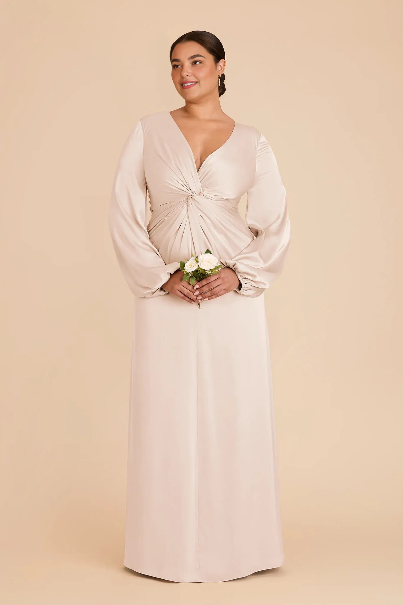 Graceful Fitted V Neck Long Sleeve Satin Maxi Bridesmaid Dress