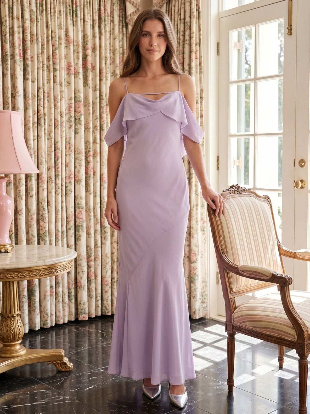 Graceful Lavender Chiffon mermaid Straight Neck Backless Ankle-Length Bridesmaid Dress