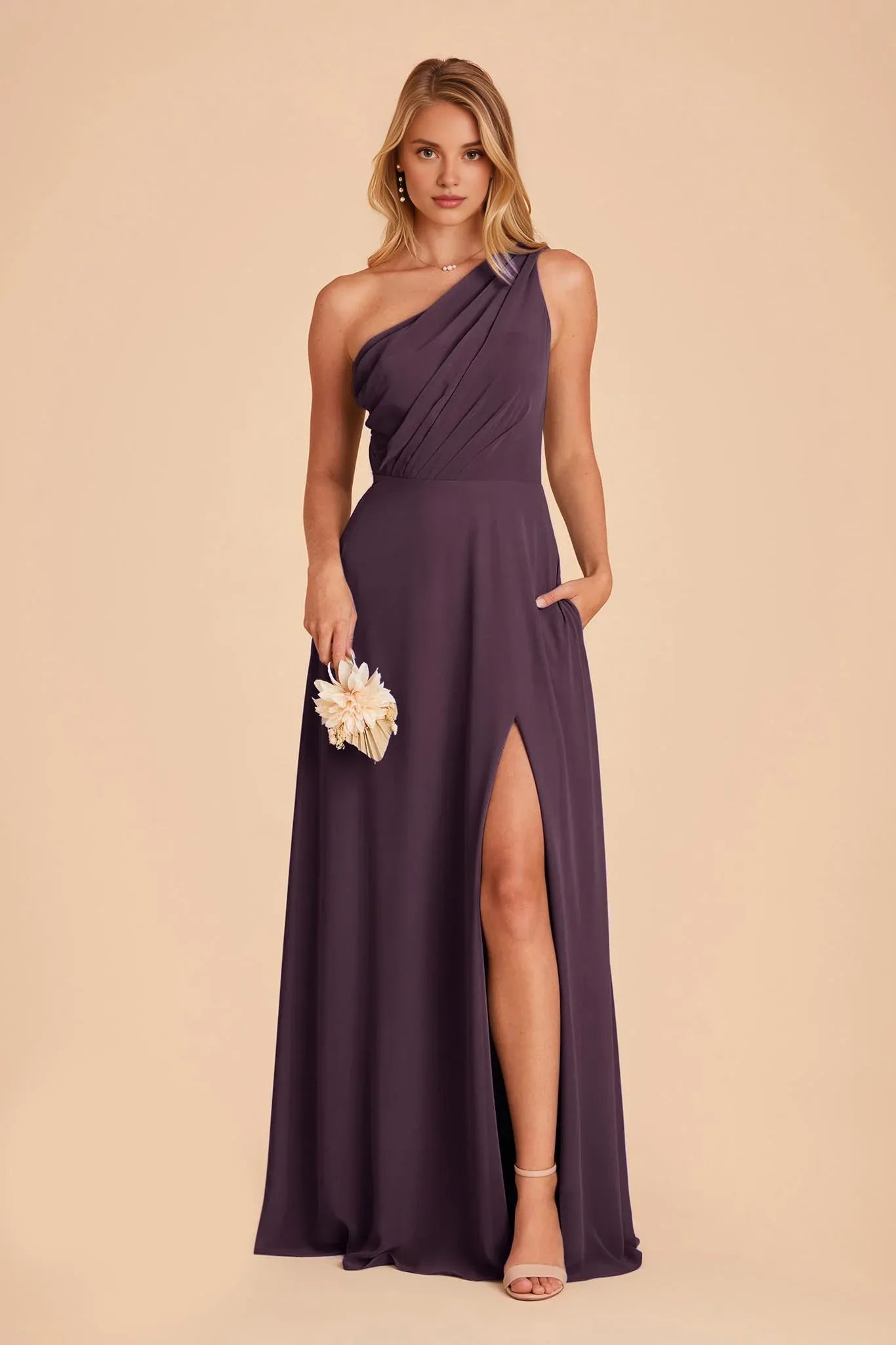 Graceful Plum One Shoulder Pleated Chiffon Maxi Bridesmaid Dress