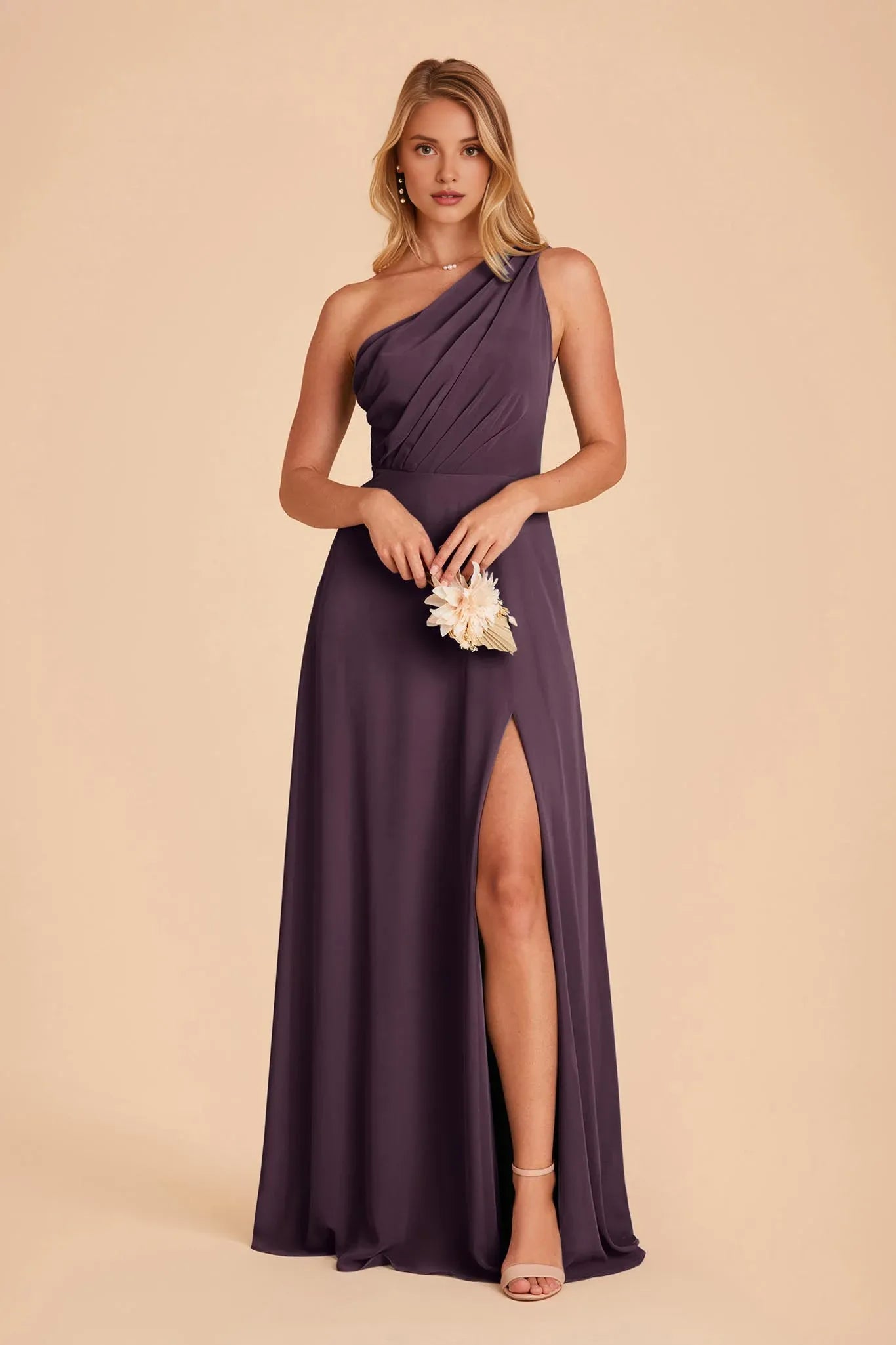 Graceful Plum One Shoulder Pleated Chiffon Maxi Bridesmaid Dress