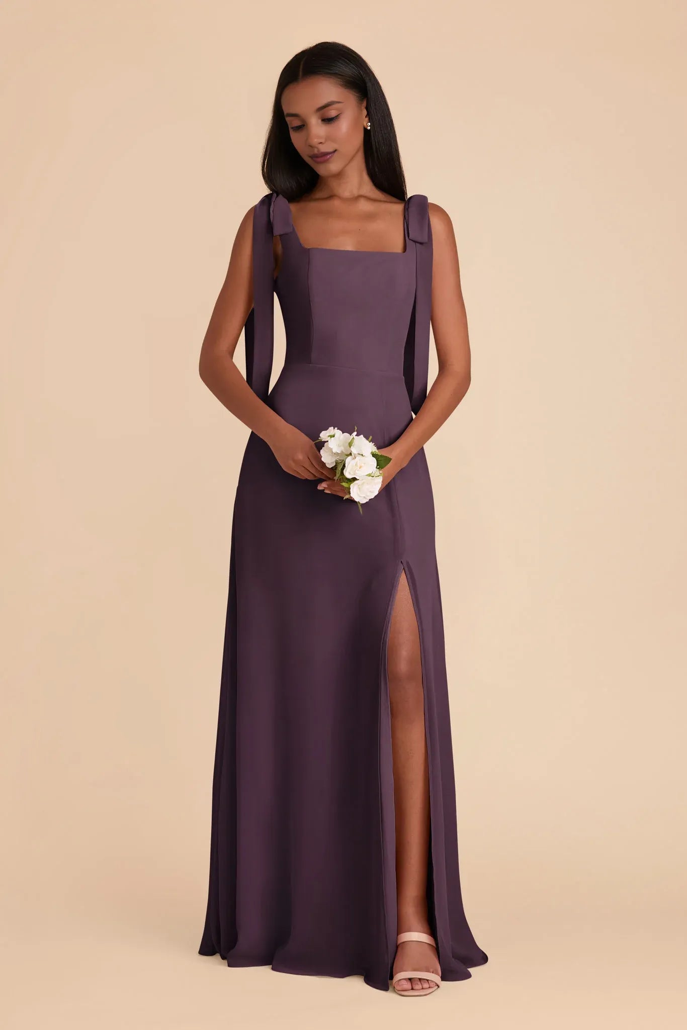 Graceful Plum Square Neck Sleeveless Chiffon Maxi Bridesmaid Dress
