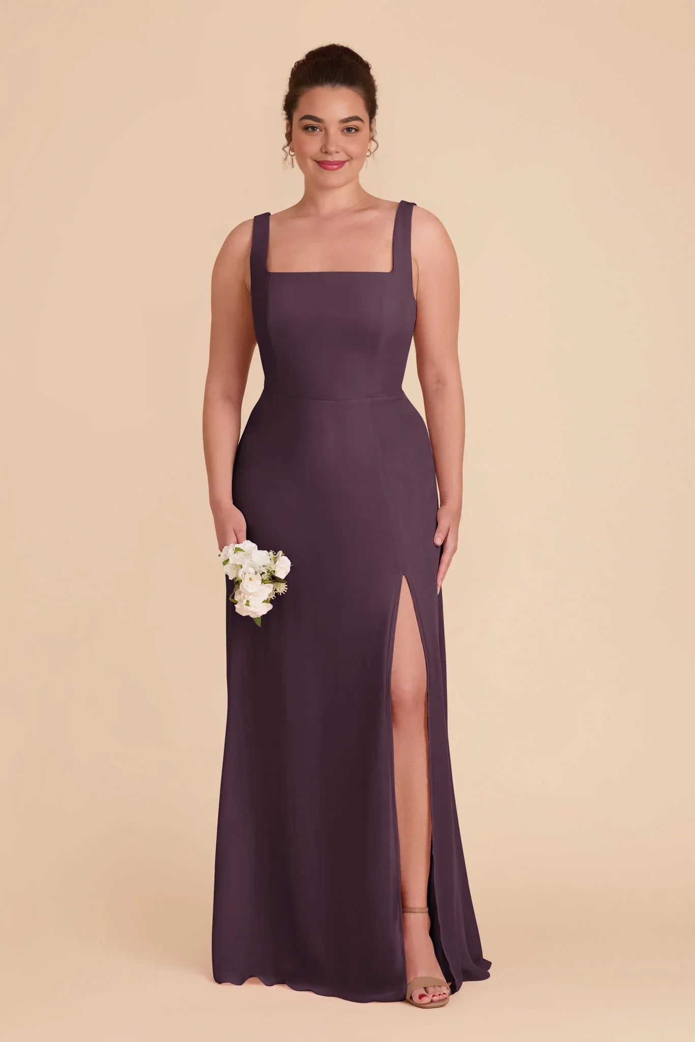 Graceful Plum Square Neck Sleeveless Chiffon Maxi Bridesmaid Dress