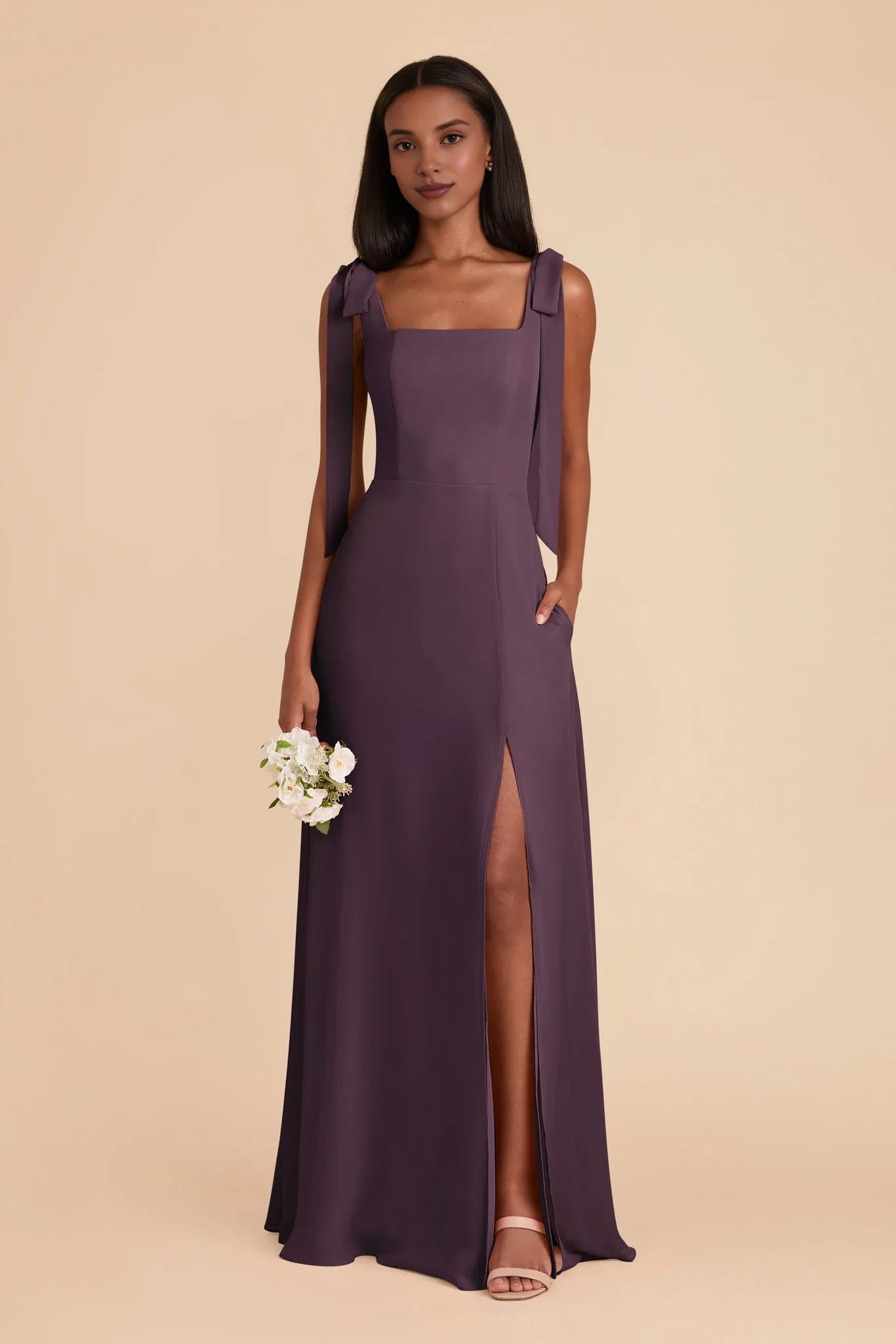 Graceful Plum Square Neck Sleeveless Chiffon Maxi Bridesmaid Dress