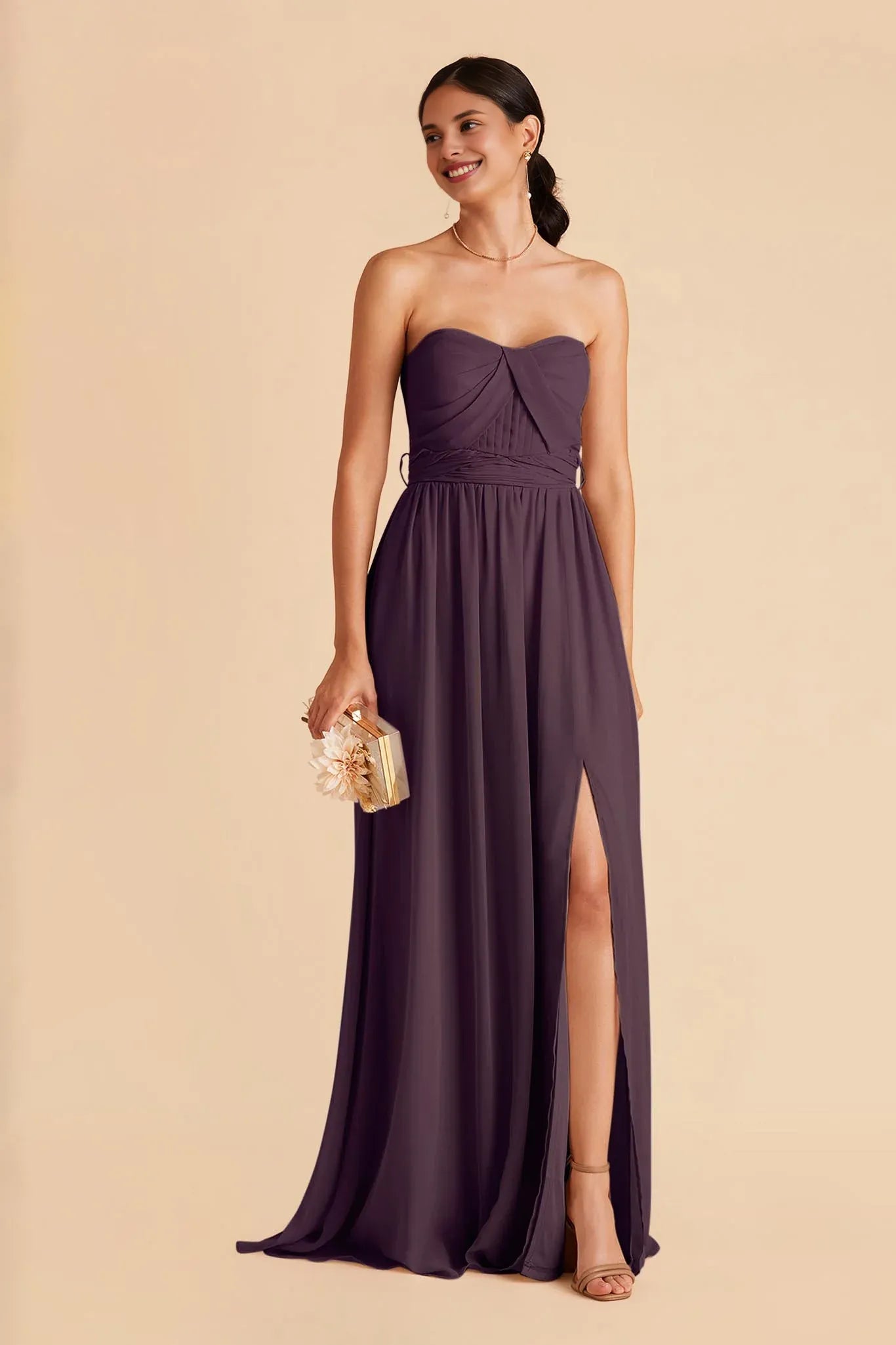 Graceful Plum Strapless Pleated Chiffon Maxi Bridesmaid Dress