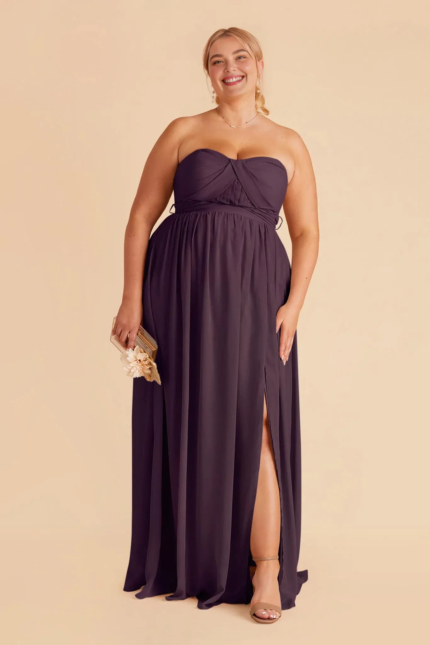 Graceful Plum Strapless Pleated Chiffon Maxi Bridesmaid Dress