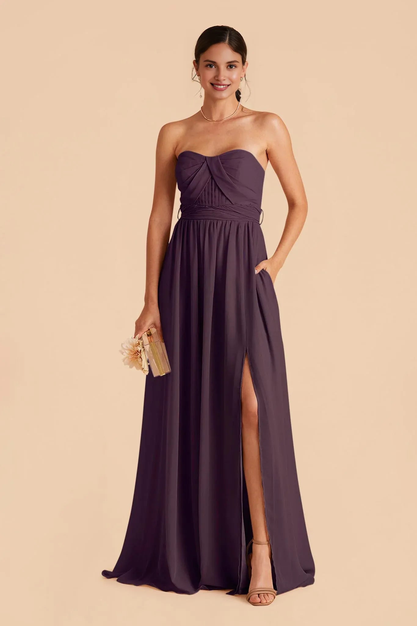 Graceful Plum Strapless Pleated Chiffon Maxi Bridesmaid Dress