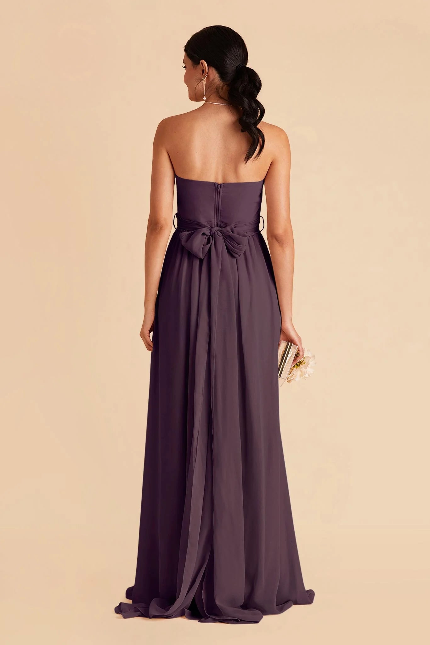 Graceful Plum Strapless Pleated Chiffon Maxi Bridesmaid Dress