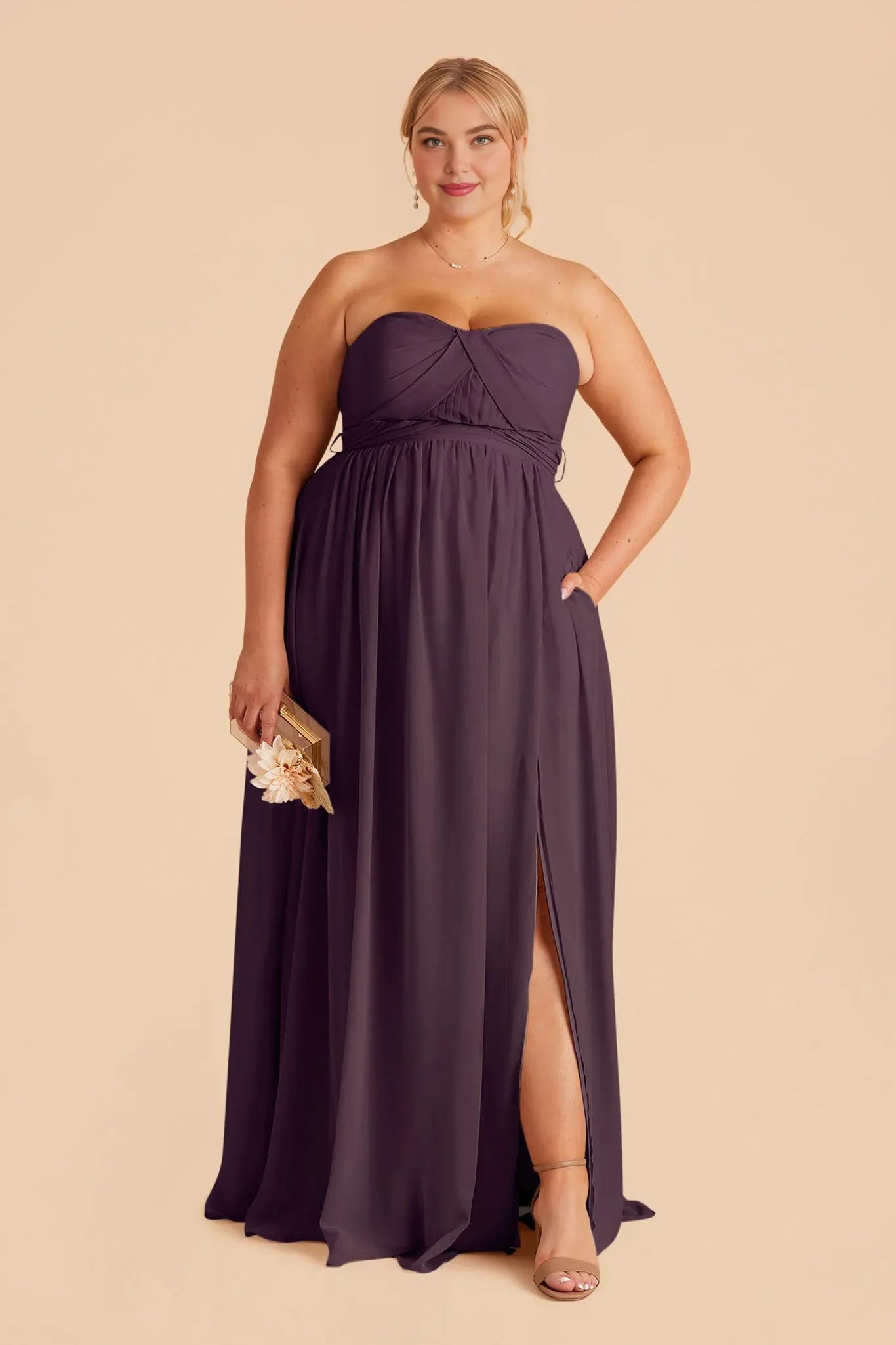 Graceful Plum Strapless Pleated Chiffon Maxi Bridesmaid Dress