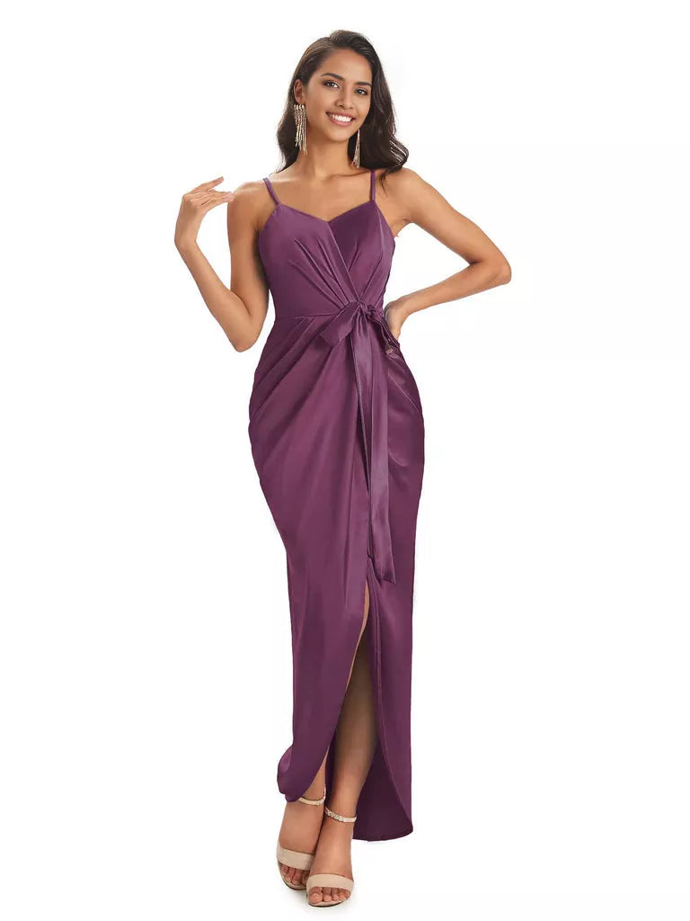 High Low Spaghetti Straps V-neck Mermaid Asymmetrical Soft Satin Bridesmaid Dresses