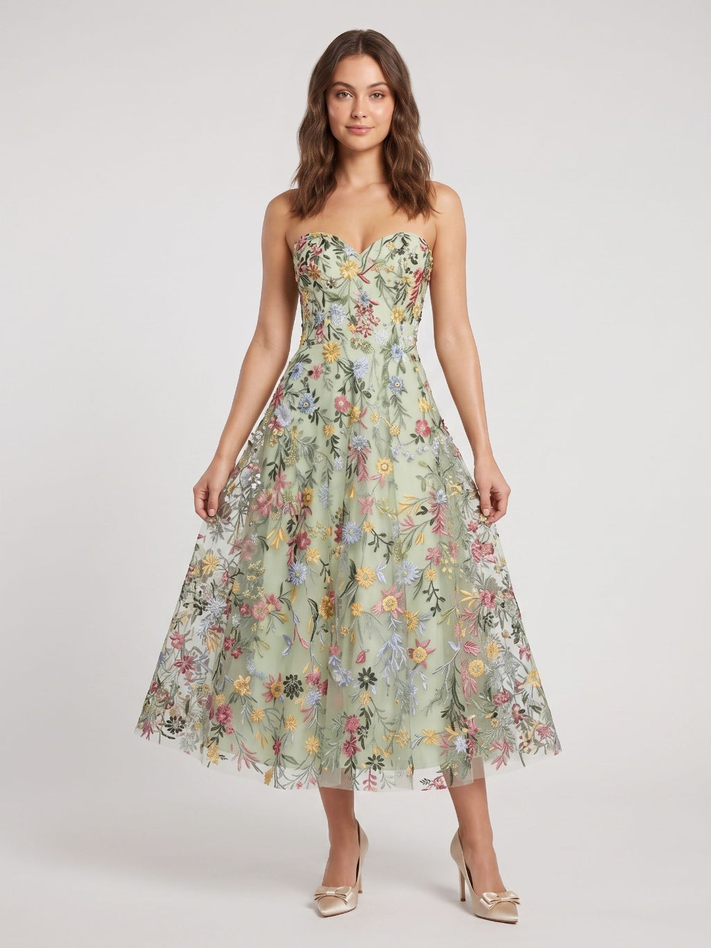 Mauve Floral Tulle A-Line Sweetheart Zipper Back Midi Dress
