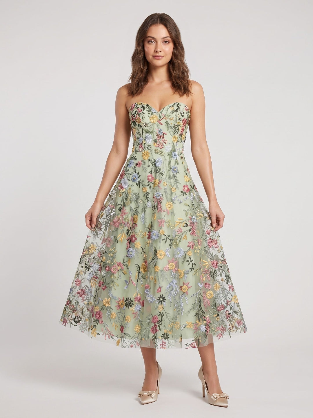 Mauve Floral Tulle A-Line Sweetheart Zipper Back Midi Dress