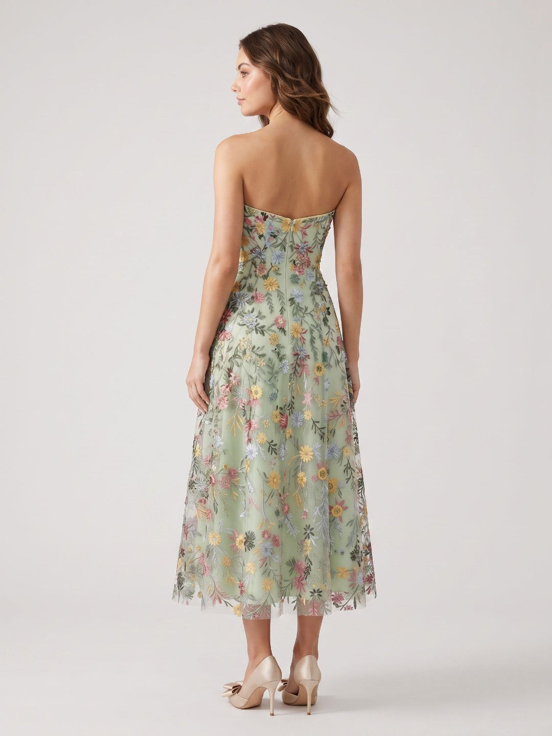 Mauve Floral Tulle A-Line Sweetheart Zipper Back Midi Dress