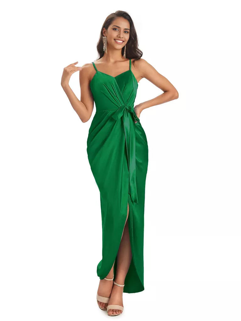 High Low Spaghetti Straps V-neck Mermaid Asymmetrical Soft Satin Bridesmaid Dresses
