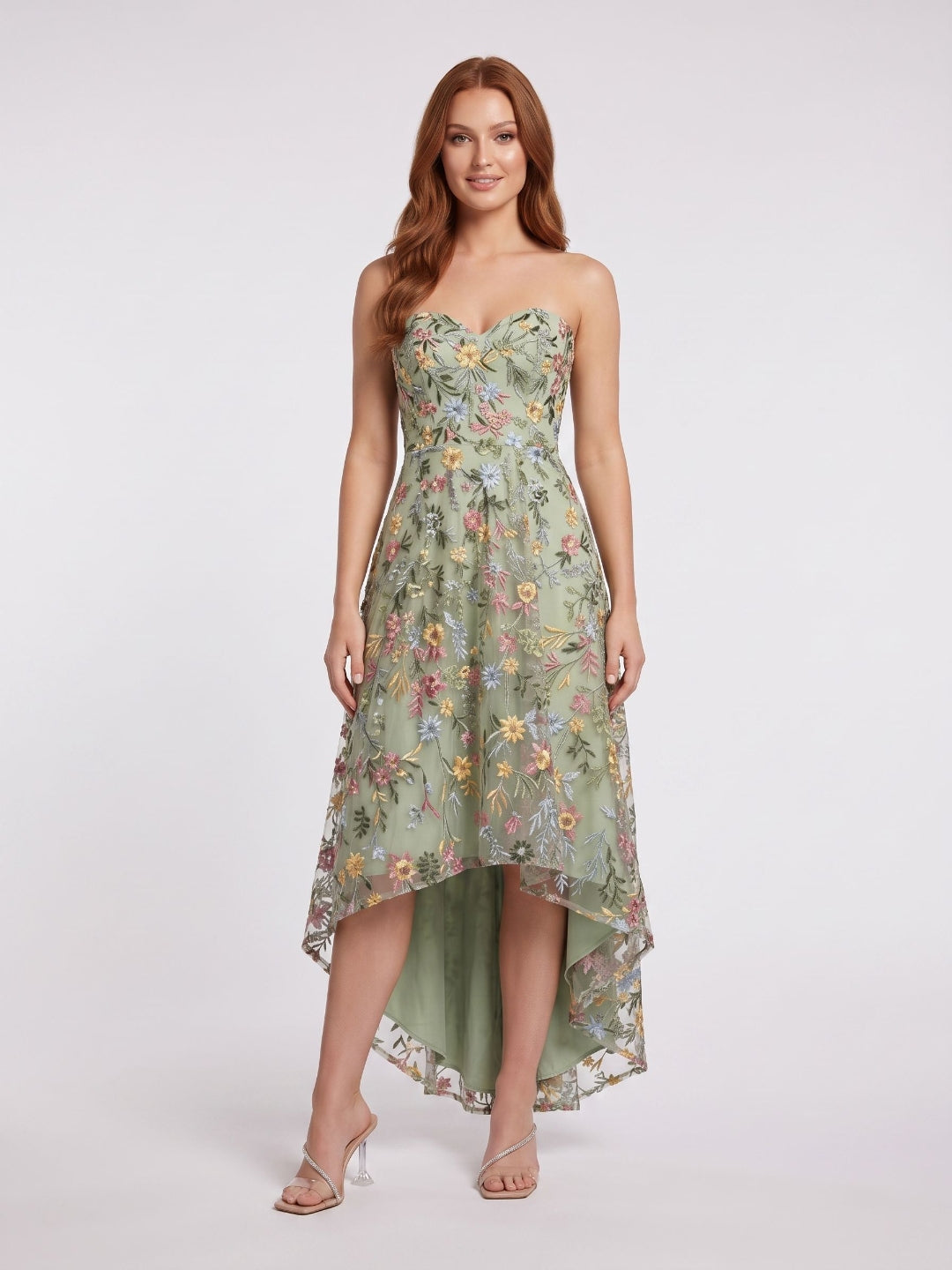 Mauve Embroidered Mesh A-Line Sweetheart Zipper Back High-Low Dress