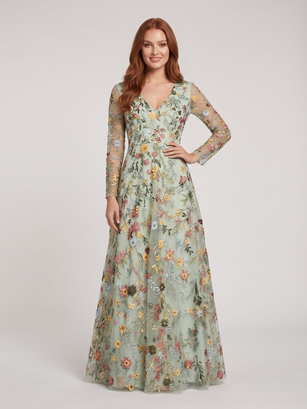 Mauve Mesh with Floral Embroidery A-Line V-Neck Zipper Back Floor Length Dress