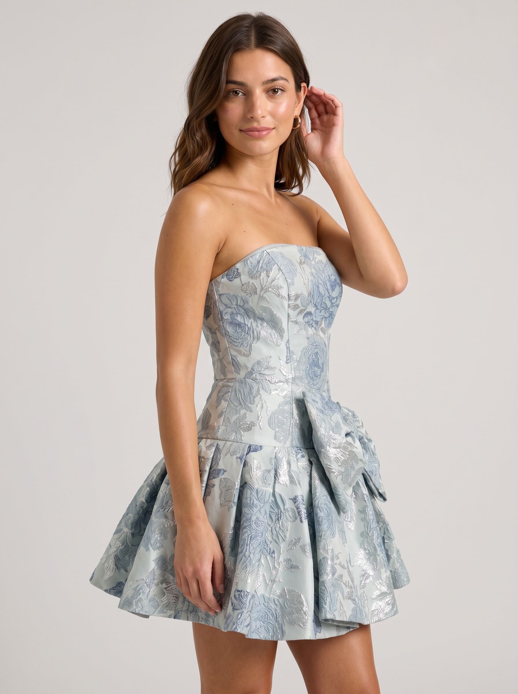 Grey Blue Jacquard A-Line Straight Neck Back Zip Short Dress with Bow