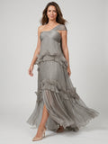 Grey Tulle A-Line One Shoulder Backless Floor-Length Evening Dress