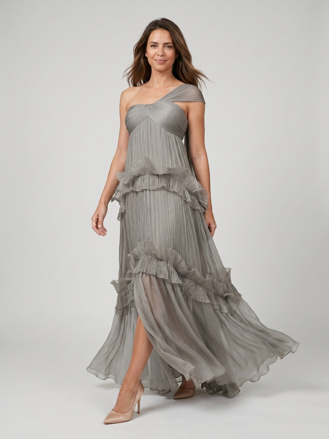 Grey Tulle A-Line One Shoulder Backless Floor-Length Evening Dress
