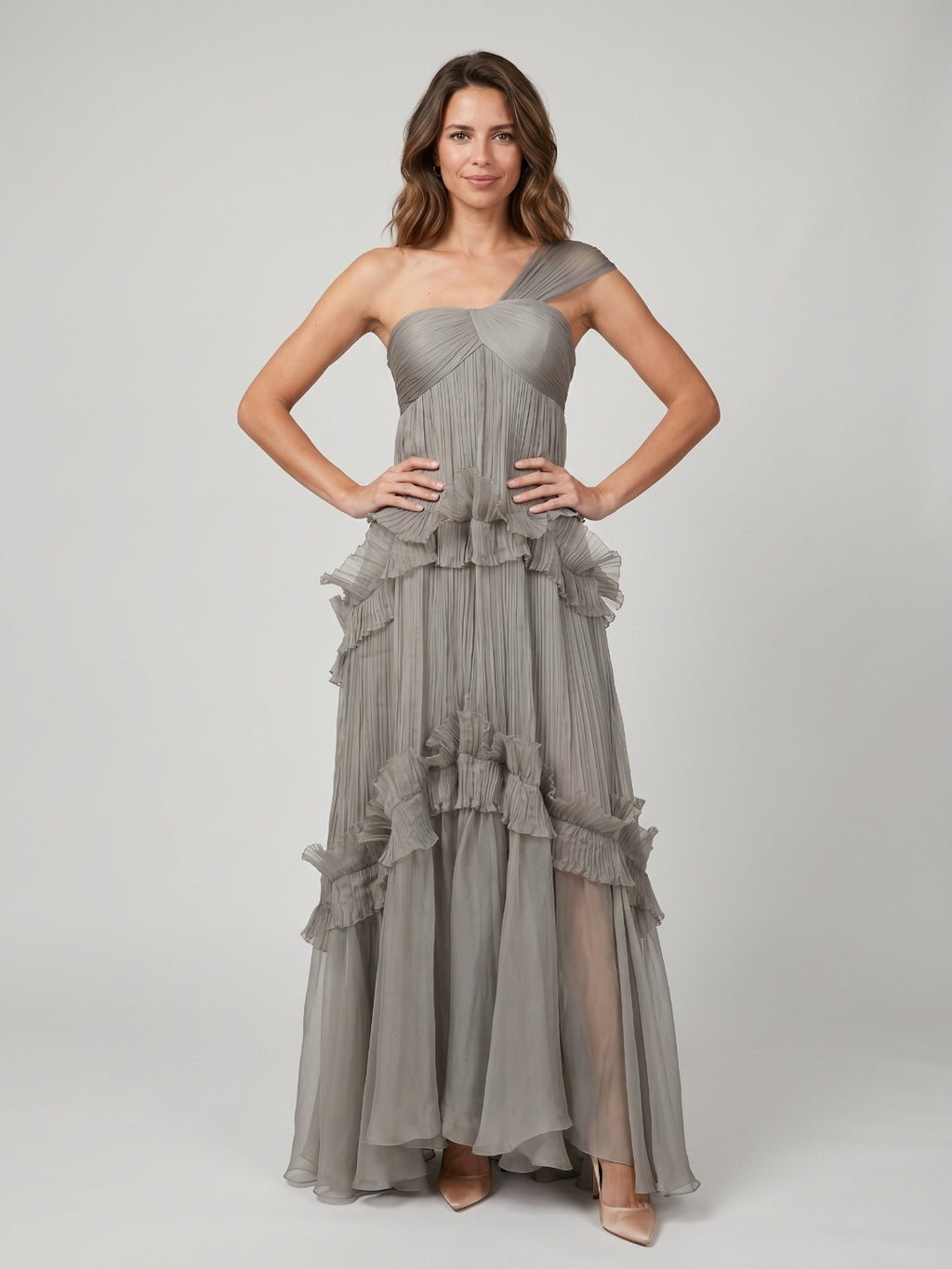 Grey Tulle A-Line One Shoulder Backless Floor-Length Evening Dress