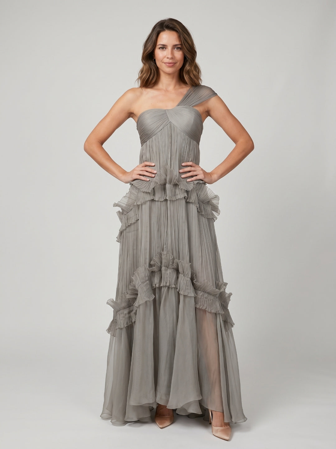Grey Tulle A-Line One Shoulder Backless Floor-Length Evening Dress