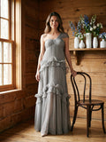 Grey Tulle A-Line One Shoulder Backless Floor-Length Evening Dress
