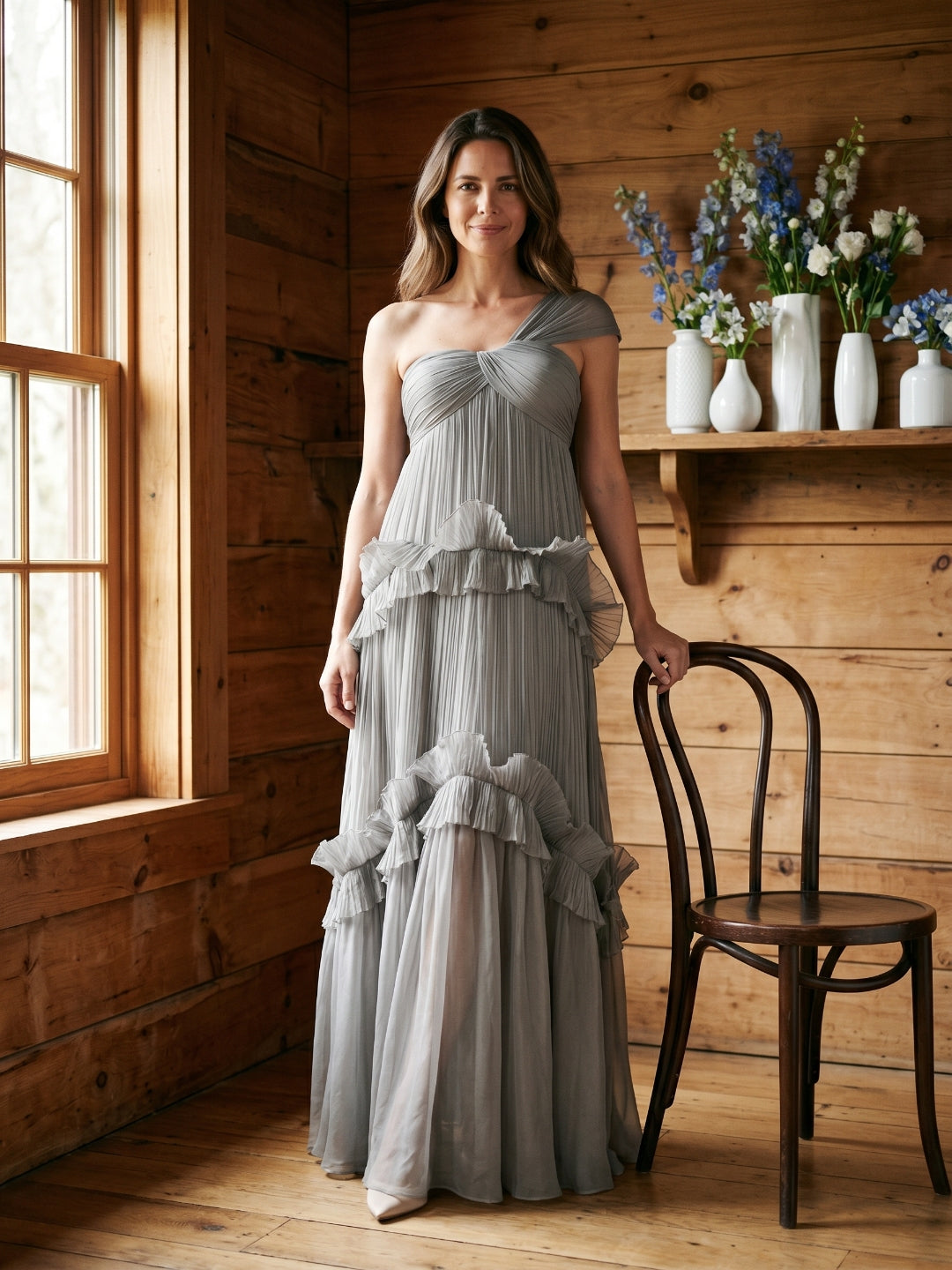Grey Tulle A-Line One Shoulder Backless Floor-Length Evening Dress