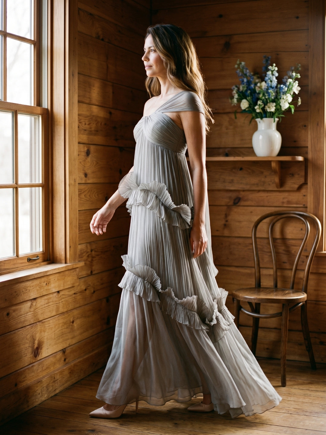 Grey Tulle A-Line One Shoulder Backless Floor-Length Evening Dress