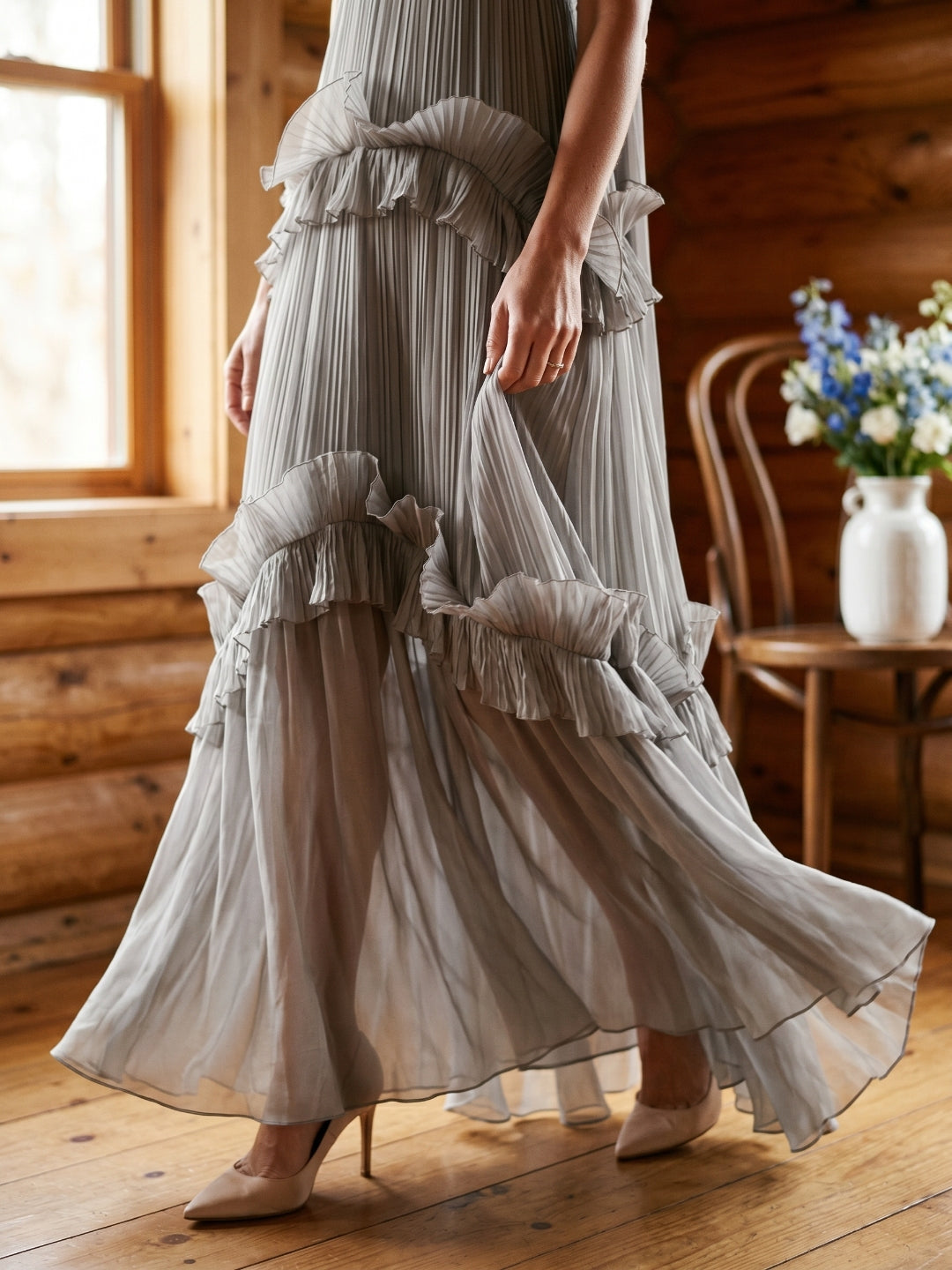 Grey Tulle A-Line One Shoulder Backless Floor-Length Evening Dress