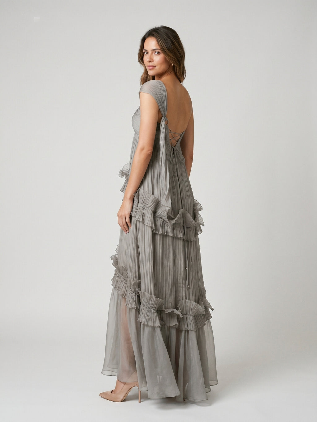 Grey Tulle A-Line One Shoulder Backless Floor-Length Evening Dress