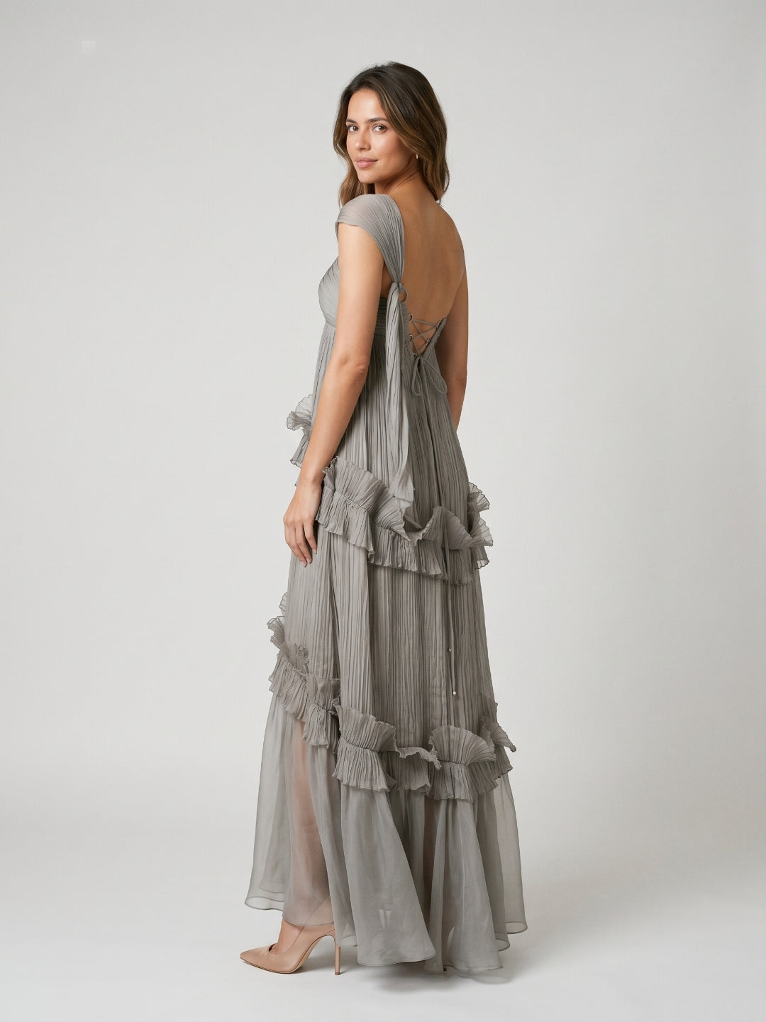 Grey Tulle A-Line One Shoulder Backless Floor-Length Evening Dress