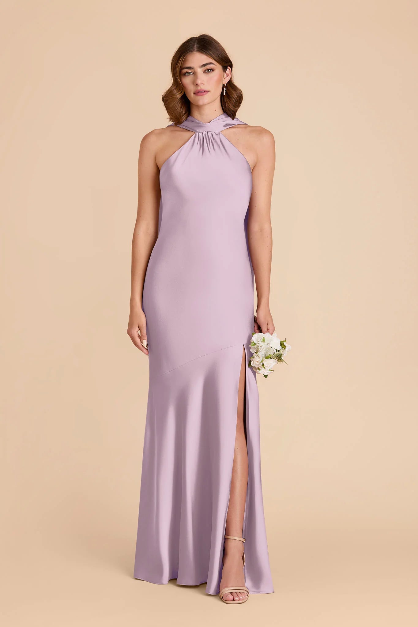 Halter Neck Satin Bridesmaid Dress Convertible Back Scarf High Slit Mermaid Floor Length Wedding Guest Formal Gown