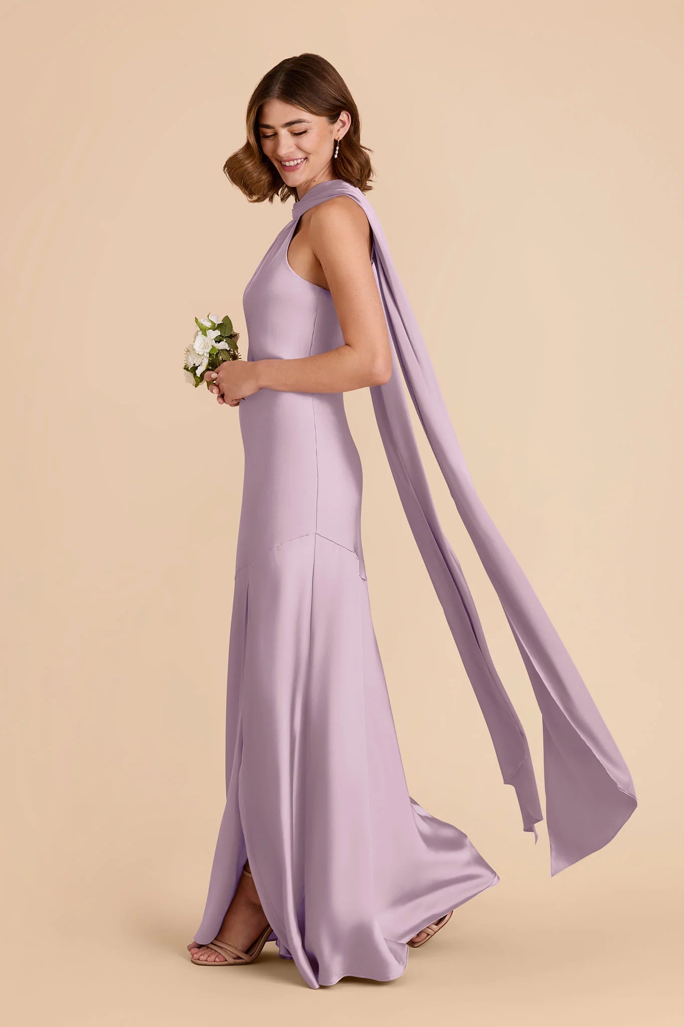 Halter Neck Satin Bridesmaid Dress Convertible Back Scarf High Slit Mermaid Floor Length Wedding Guest Formal Gown