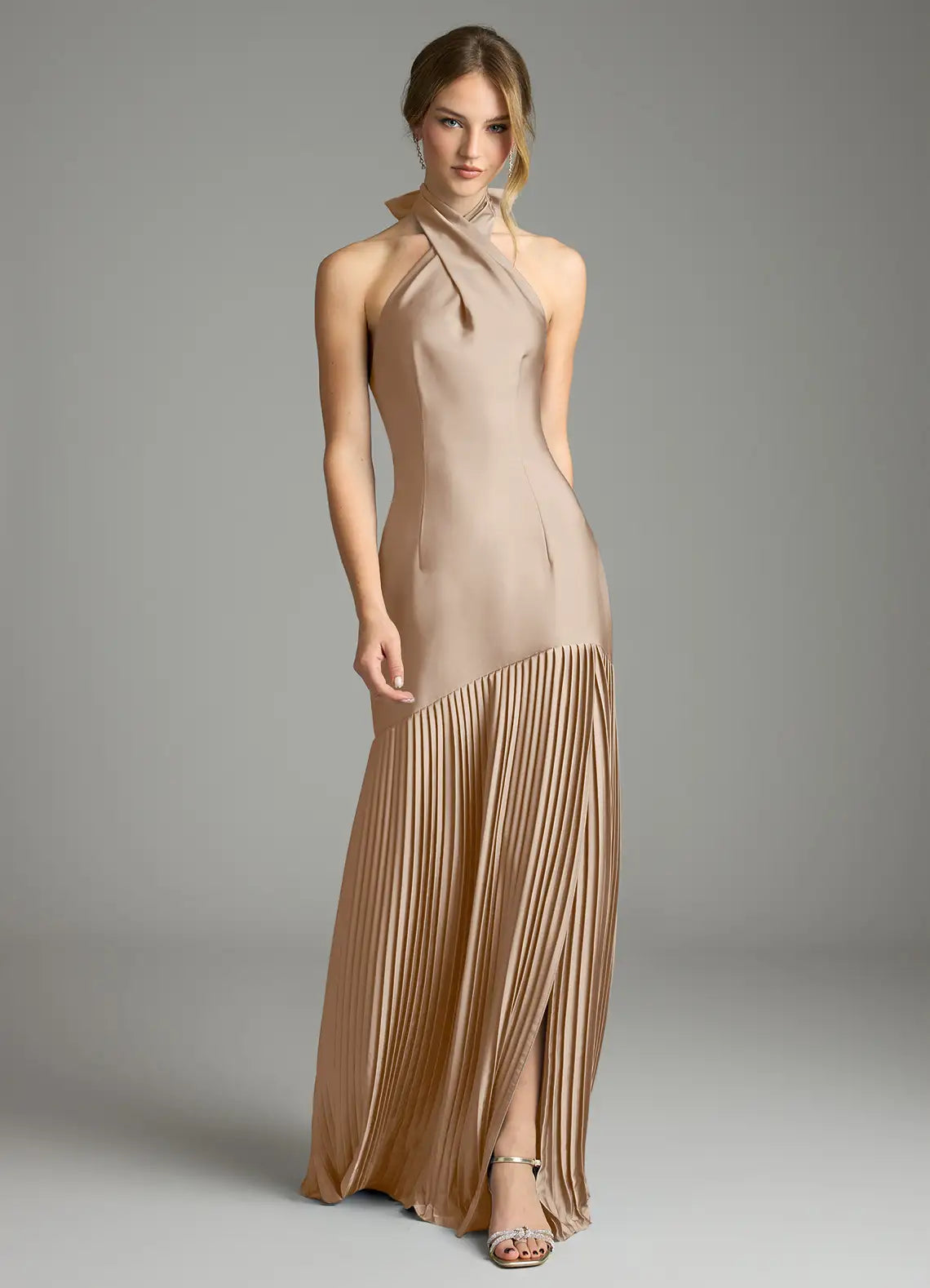Halter Neck Satin Bridesmaid Dress with Pleated Skirt, Open Back and High Slit