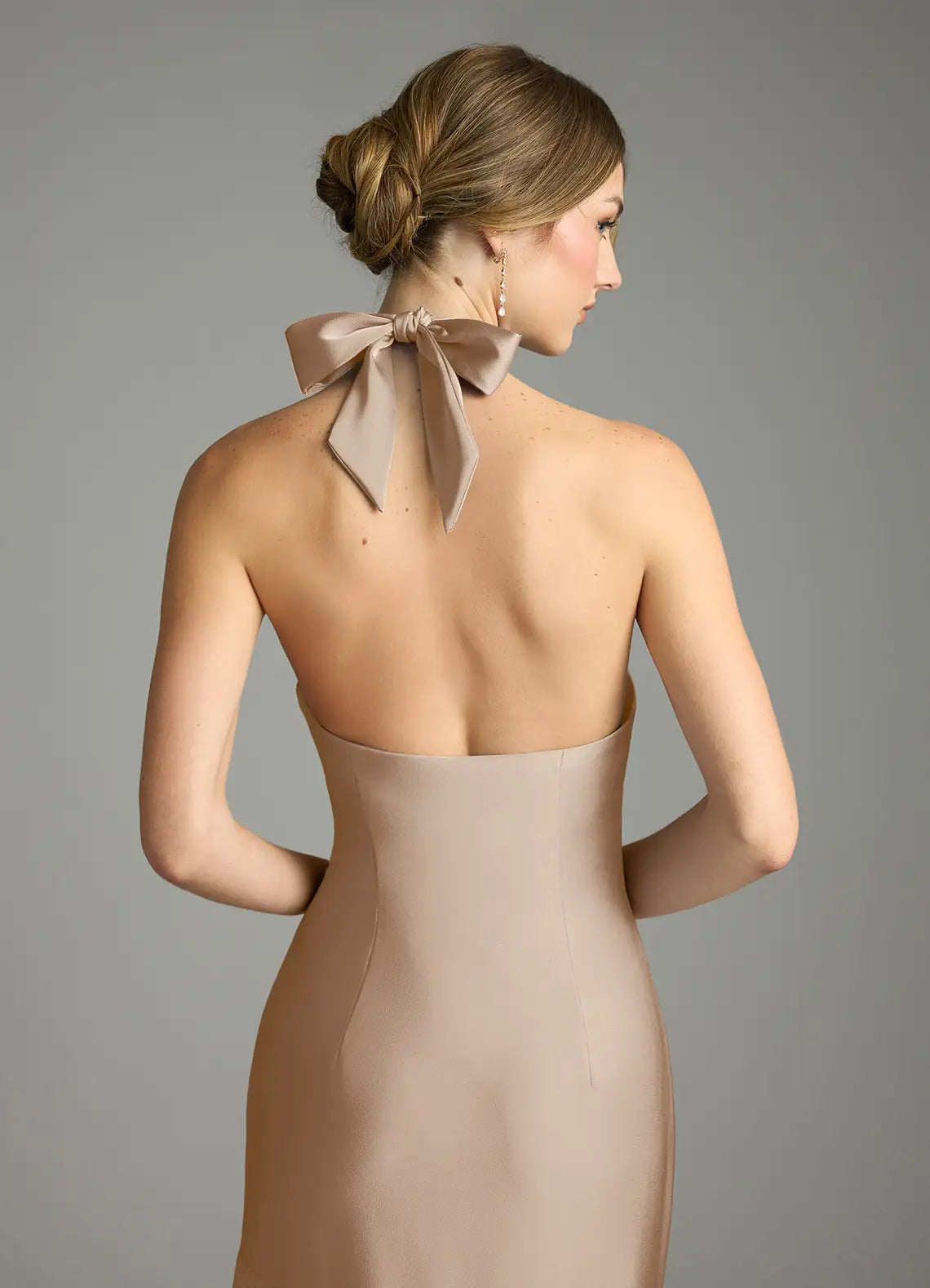 Halter Neck Satin Bridesmaid Dress with Pleated Skirt, Open Back and High Slit