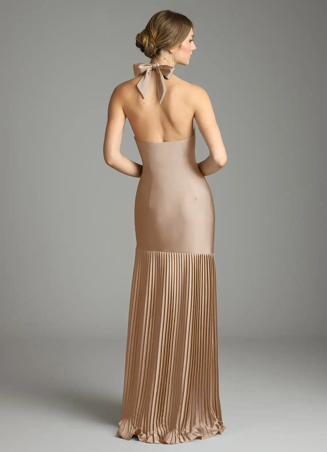 Halter Neck Satin Bridesmaid Dress with Pleated Skirt, Open Back and High Slit