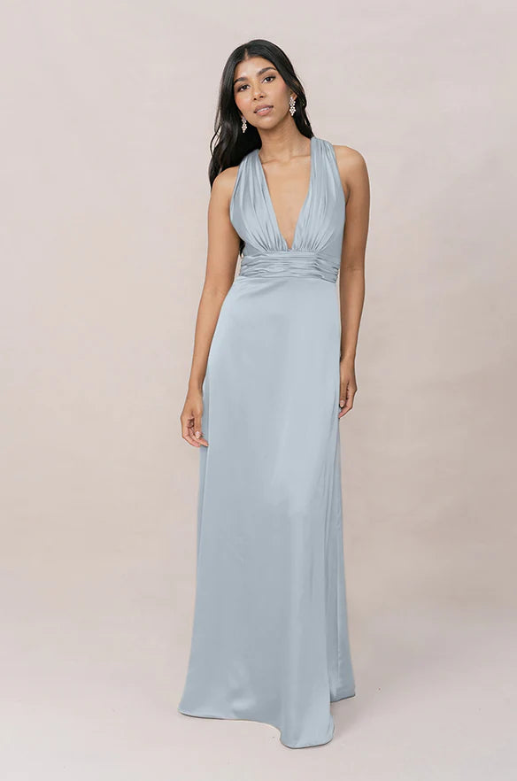 Halter V-Neck Satin Bridesmaid Dress with Crisscross Open Back, Ruched Waist & Flowy Floor-Length Silhouette