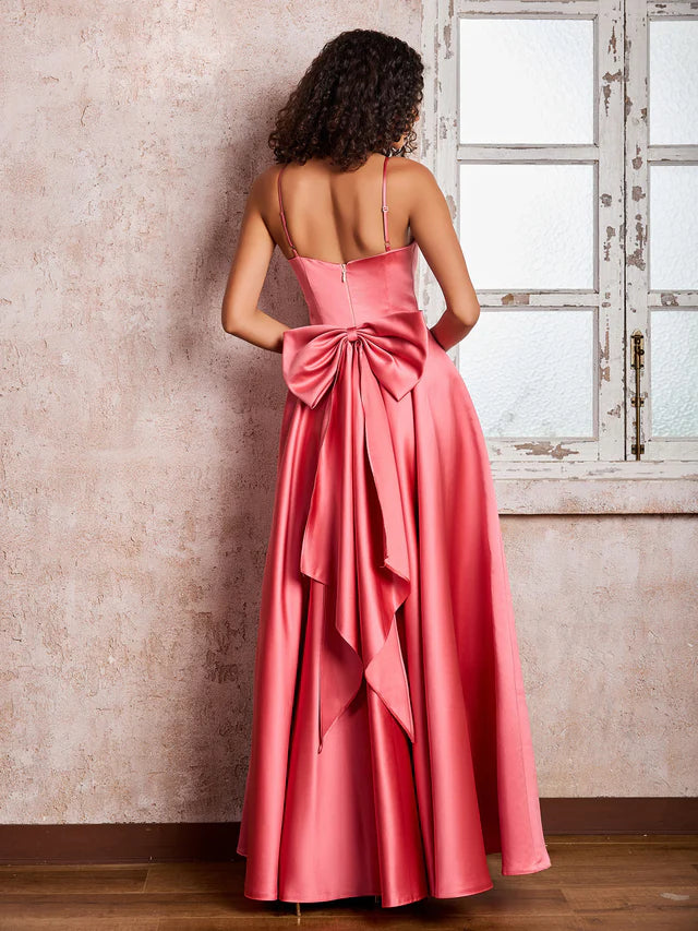Satin Spaghetti-Strap Square Neck Back Bow Detail A-Line Floor-Length Bridesmaid Dresses