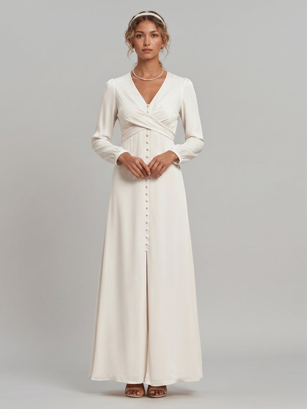 Elegant Ivory Matte Satin A-Line V-Neck Lace-up Ankle-Length Bridesmaid Dress