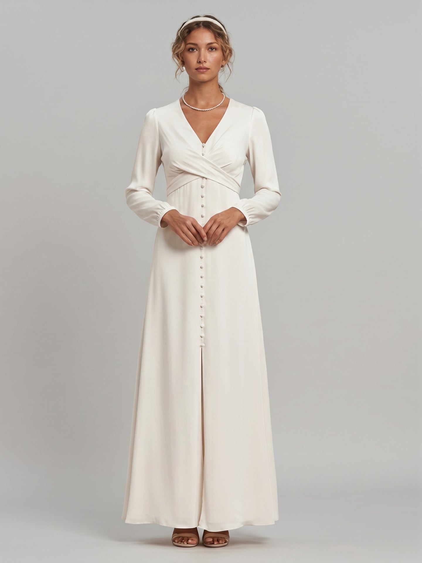 Elegant Ivory Matte Satin A-Line V-Neck Lace-up Ankle-Length Bridesmaid Dress