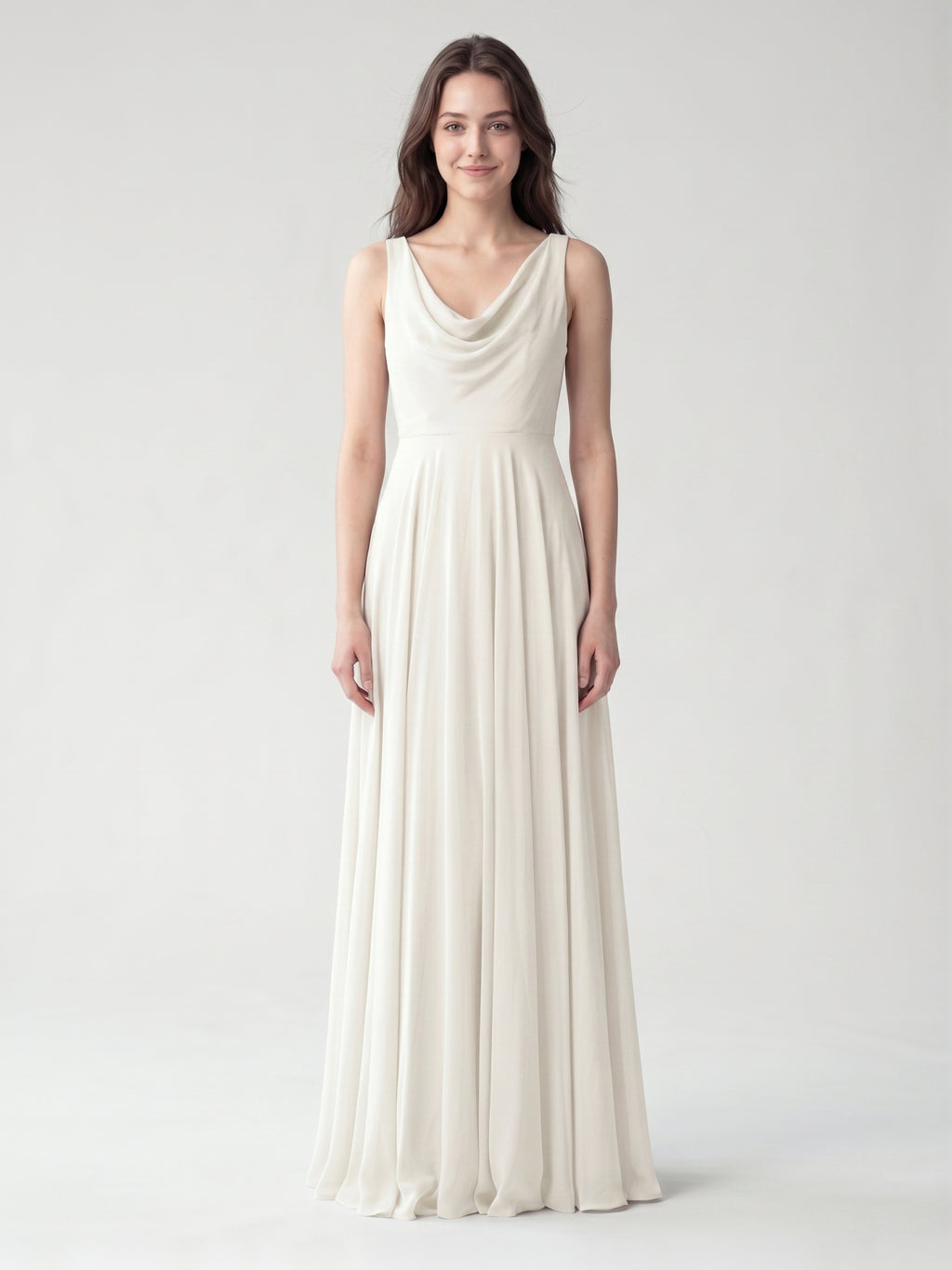 Ivory Chiffon A-Line Cowl Neck Back Zip Floor-Length Bridesmaid Dress with Pleated Details