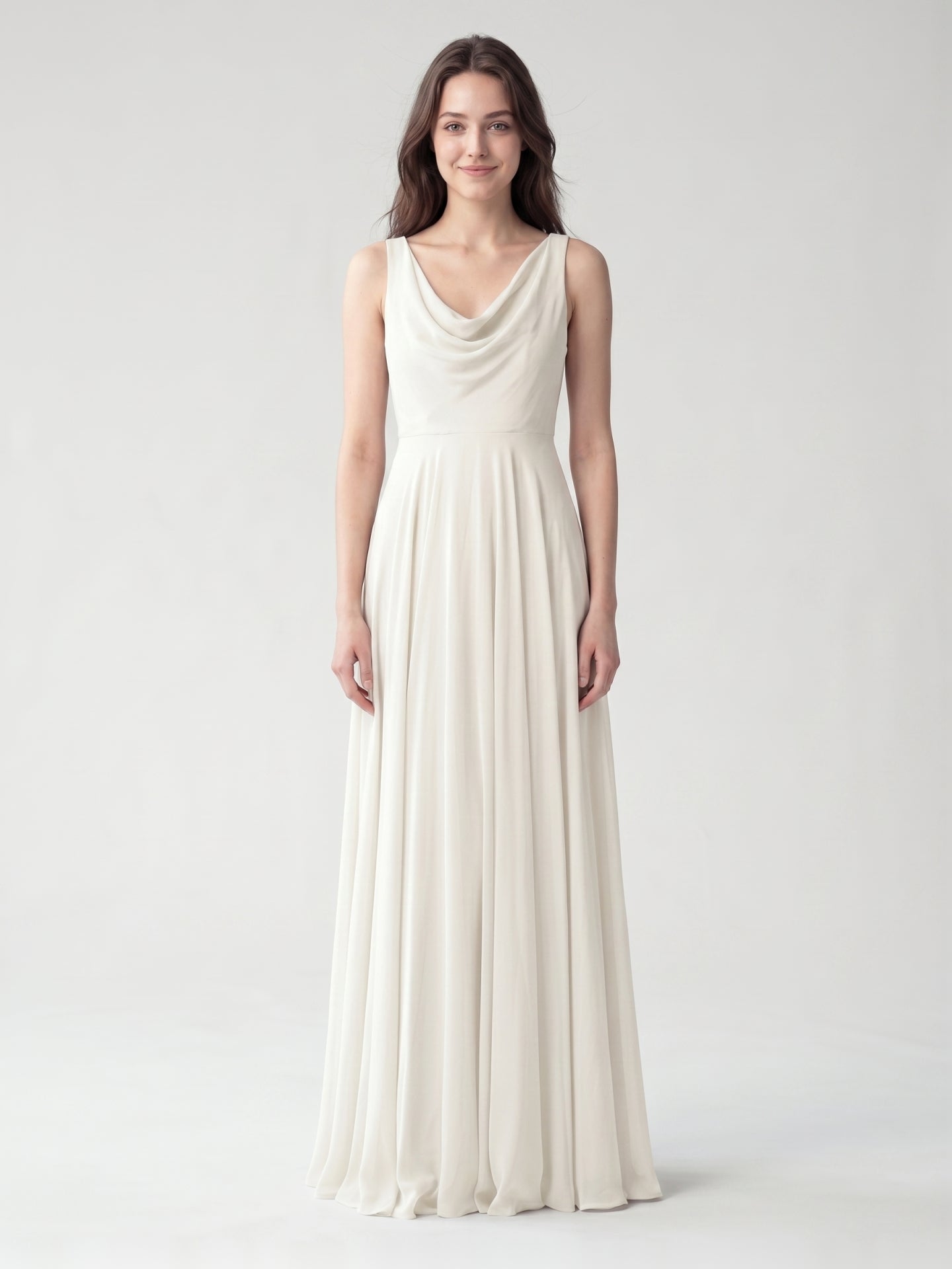 Ivory Chiffon A-Line Cowl Neck Back Zip Floor-Length Bridesmaid Dress with Pleated Details