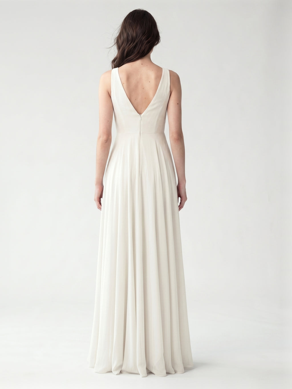 Ivory Chiffon A-Line Cowl Neck Back Zip Floor-Length Bridesmaid Dress with Pleated Details