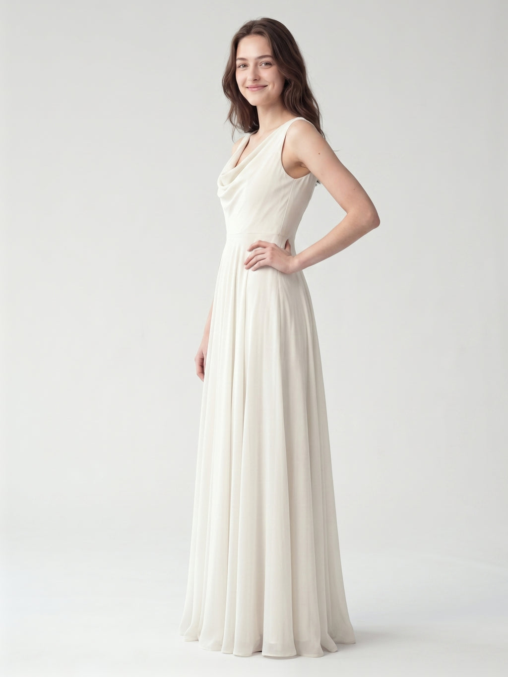 Ivory Chiffon A-Line Cowl Neck Back Zip Floor-Length Bridesmaid Dress with Pleated Details