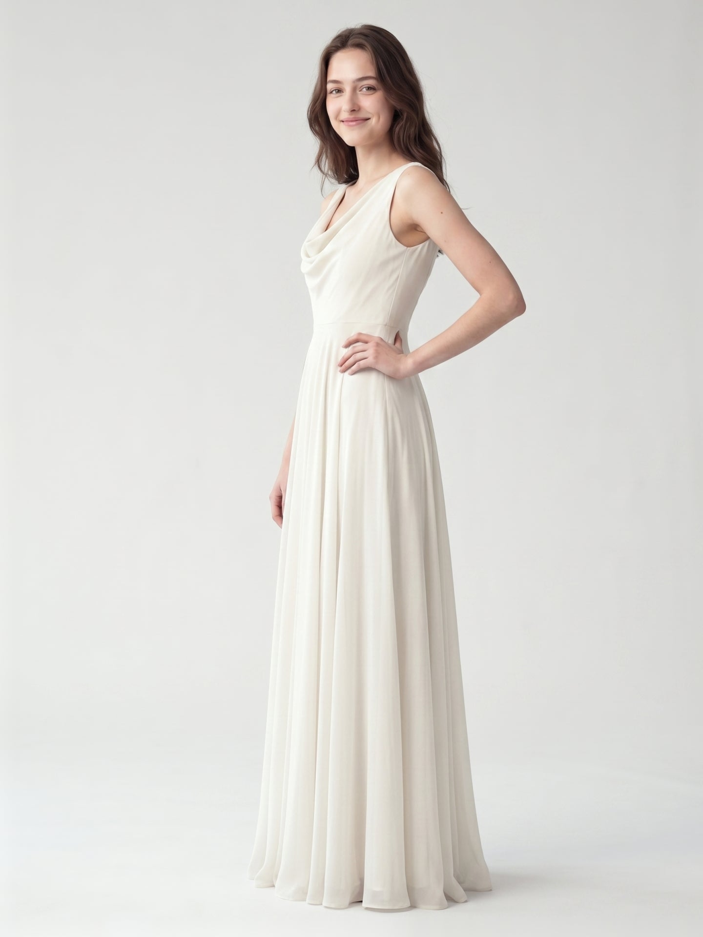Ivory Chiffon A-Line Cowl Neck Back Zip Floor-Length Bridesmaid Dress with Pleated Details