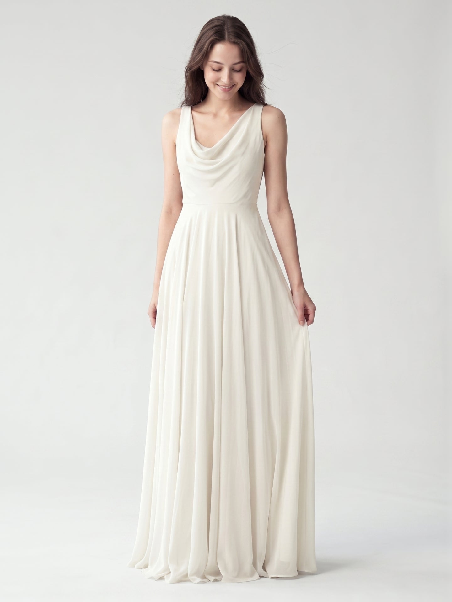 Ivory Chiffon A-Line Cowl Neck Back Zip Floor-Length Bridesmaid Dress with Pleated Details