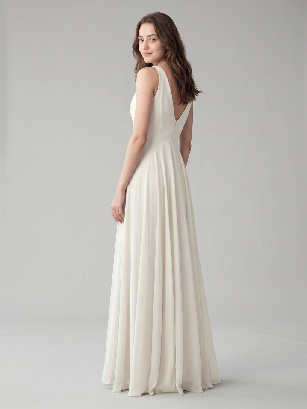 Ivory Chiffon A-Line Cowl Neck Back Zip Floor-Length Bridesmaid Dress with Pleated Details