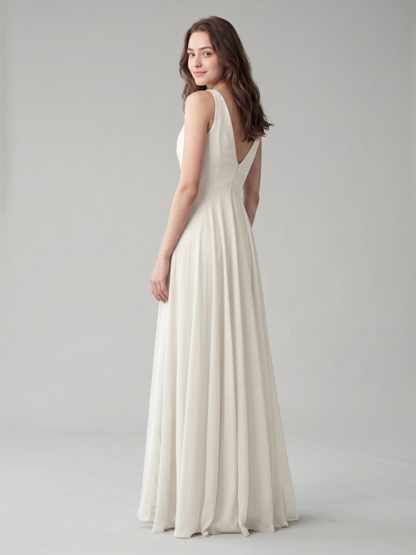 Ivory Chiffon A-Line Cowl Neck Back Zip Floor-Length Bridesmaid Dress with Pleated Details
